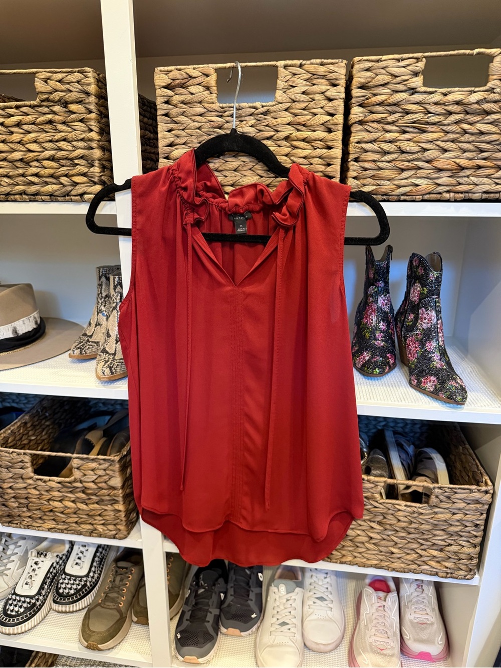 Ann Taylor Red Ruffle Tie-Neck Sleeveless Blouse